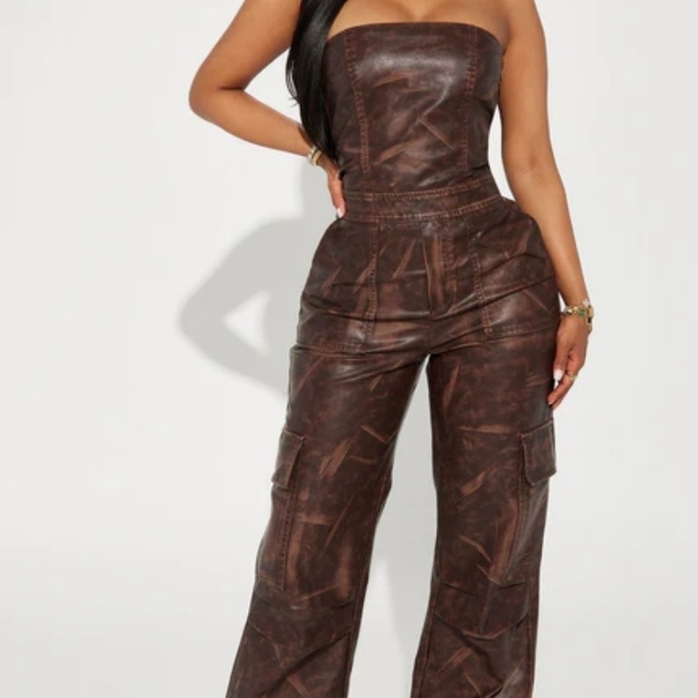 Fashion Nova Dark Brown Strapless Jumpsuit Minimal Stretch